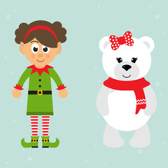 cartoon christmas elf girl and winter bear