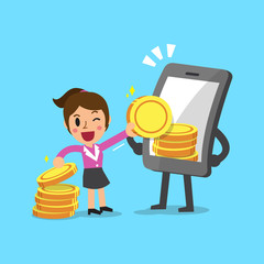 Business concept cartoon smartphone help businesswoman to earn money