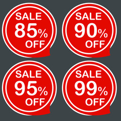 Discount sale price tags labels stikers. Icons isolated. Flat design style. Icon set. 85 90 95 99 % Vector illustration