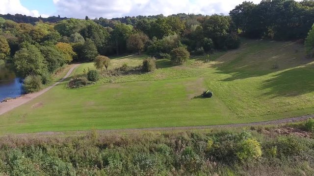 Aerial view of a ride on lawnmower.