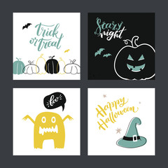 Set of Halloween cards. Handdrawn design elements with hat witch, pumpkin, monster and Jack. Vector collection.