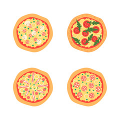 Pizzas with different toppings including Margherita, bacon, onion, tomatoes. Top view. Vector illustration