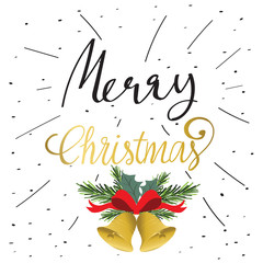 Light colorful christmas greeting card with bell and ribbon