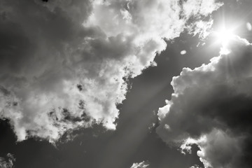 The Sun Breaks Through The Clouds. Black And White Photo