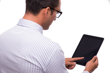 Businessman using his tablet computer isolated on white