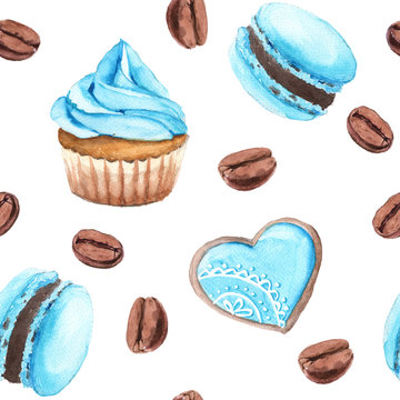 Background cakes and coffee. Seamless pattern. Watercolor illust