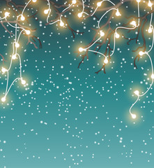 Christmas background, winter landscape with electric decorative lights, illustration