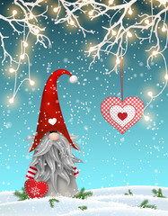Scandinavian christmas traditional gnome, Tomte standing uder branches decorated with electric lights and hanging red heart, illustration