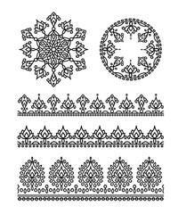 Set of vector Indian floral ornaments, mandala, henna, Boho style, ethnic, yoga, tattoo, abstract, border, heart, flower
