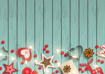 Christmas background, small scandinavian styled decorations lying on blue wooden desk, illustration