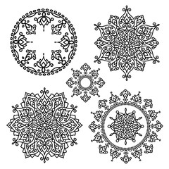 vector, contour, design element, black and white illustration, a set of mandala, round frame, floral ornament, doodle style coloring page