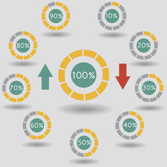 Business infographic icons pie graph circle percentage orange chart 10 20 30 40 50 60 70 80 90 100 % set illustration round vector