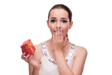 Young woman with giftbox isolated on white background