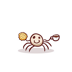 Happy vampire spider with coffee and cookie. Halloween vector clip-art, isolated on white. Hand drawn cartoon sketchy icon, design element for halloween party invitation card, sticker, greeting card