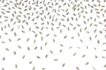 Rendering a lot of falling dollar bills, on white background
