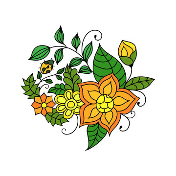 Colorful zentangle floral doodle sketch. Orange and yellow flowers and leaves vivid tattoo sketch. Ethnic tribal floral illustration