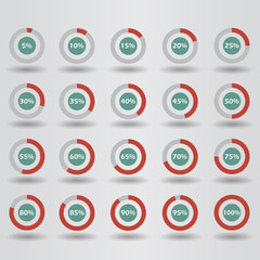 icons template pie graph circle percentage red chart 5 10 15 20 25 30 35 40 45 50 55 60 65 70 75 80 85 90 95 100 % set illustration round vector