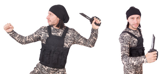 Soldier with knife isolated on white