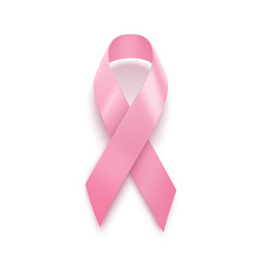 Realistic pink ribbon. Breast cancer Awareness symbol. Women healthcare concept. Vector illustration, isolated on white.
