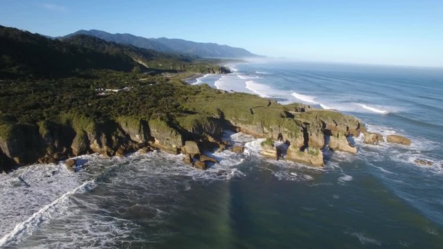 Scenic aerial Pancake Rocks (Dolomite Point), Punakaiki, New Zealand