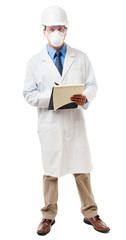 Full-length scientist engineer chemical industrial researcher in face mask safety glasses hard hat and lab coat with clipboard isolated on white background