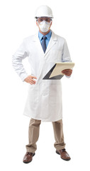 Full-length scientist research chemical engineer with clipboard isolated on white background