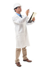 Full-length scientist researcher chemical industry engineer in white lab coat and hard hat with clipboard isolated on white background