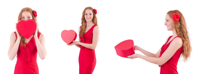 Red dress woman holding gift box isolated on white