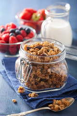 homemade healthy granola in glass jar and berries