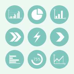 Arrows and graph blue icon set, flat design. Vector illustration.