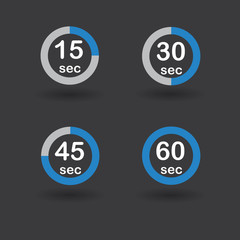Time, clock, stopwatch, timer progress circles set 15 30 45 60 sec blue vector illustration