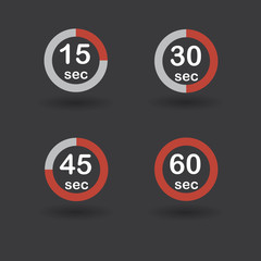 Time, clock, stopwatch, timer progress circles set 15 30 45 60 sec red vector illustration