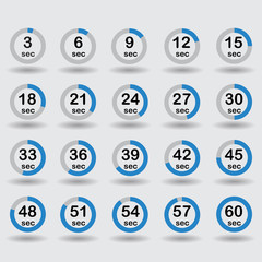 Time, clock, stopwatch, timer progress circles set 5-60 sec with increments of 5 sec blue vector illustration