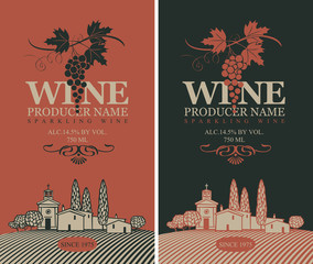 wine labels set with a landscape of vineyards