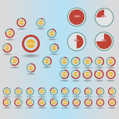 Business infographic icons template pie graph circle percentage red chart 5 10 15 20 25 30 35 40 45 50 55 60 65 70 75 80 85 90 95 100 % set illustration round vector