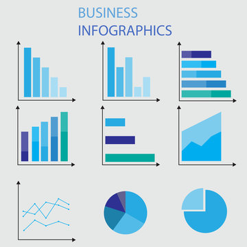Business infographic data market elements dot bar pie charts diagrams and graphs flat icons set isolated vector illustration