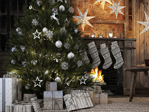 Christmas Stocking On Fireplace Background. 3d Rendering