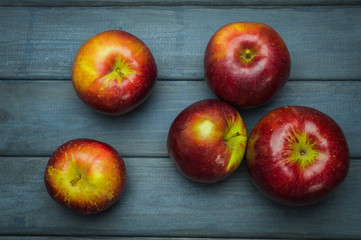 Whole green red ripe apples autumn harvest from above on dark gray blue wooden table