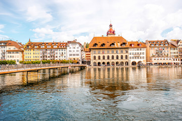 Fototapeta premium View on the riverside with beautiful buildings in Lucerne old town in Switzerland