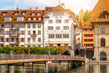 View on the riverside with beautiful buildings in Lucerne old town in Switzerland