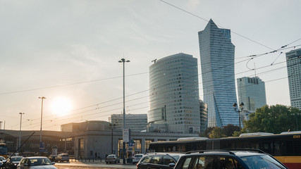 Warsaw city center at sunset in big town - 123945380