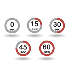 Time, clock, stopwatch, timer progress circles set 0 15 30 45 60 sec red sport rings vector illustration