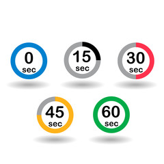 Time, clock, stopwatch, timer progress circles set 0 15 30 45 60 sec rainbow sport rings vector illustration