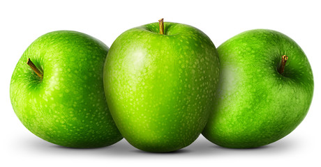 Group of green apples on white background.