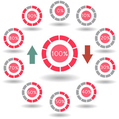 icons pie graph circle percentage red chart 0 10 20 30 40 50 60 70 80 90 100 % set illustration round vector