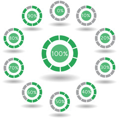 icons pie graph circle percentage green chart 0 10 20 30 40 50 60 70 80 90 100 % set illustration round vector