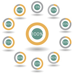 icons pie graph circle percentage yellow chart 0 10 20 30 40 50 60 70 80 90 100 % set illustration round vector