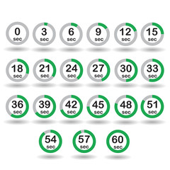 Time, clock, stopwatch, timer progress circles set 0-60 sec with increments of 5 sec green vector illustration