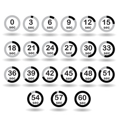 Time, clock, stopwatch, timer progress circles set 0-60 sec with increments of 5 sec black vector illustration