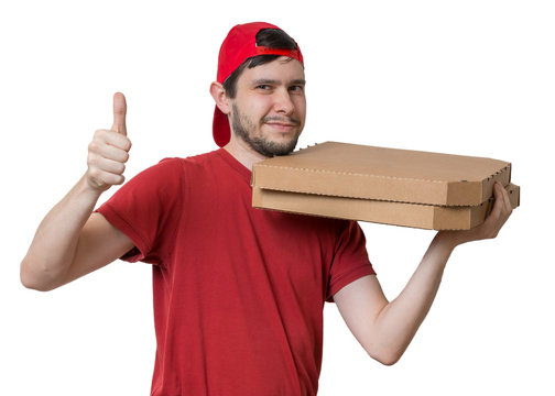 Young man is delivering pizza in boxes. Pizza delivery concept. Isolated on white background.